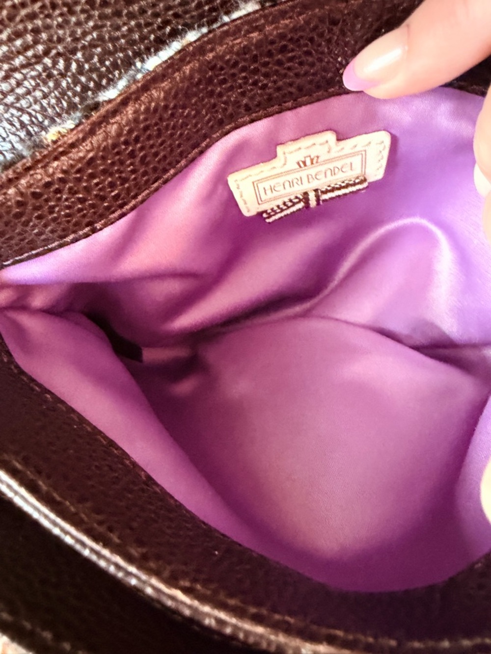 Henri Bendel Tweed & Leather Wristlet Clutch with lavender silk interior EUC - Picture 10 of 12